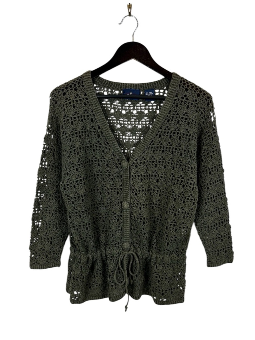 VTG OBR Green Crochet Cardigan Women's Size Small Tie Waist Boho